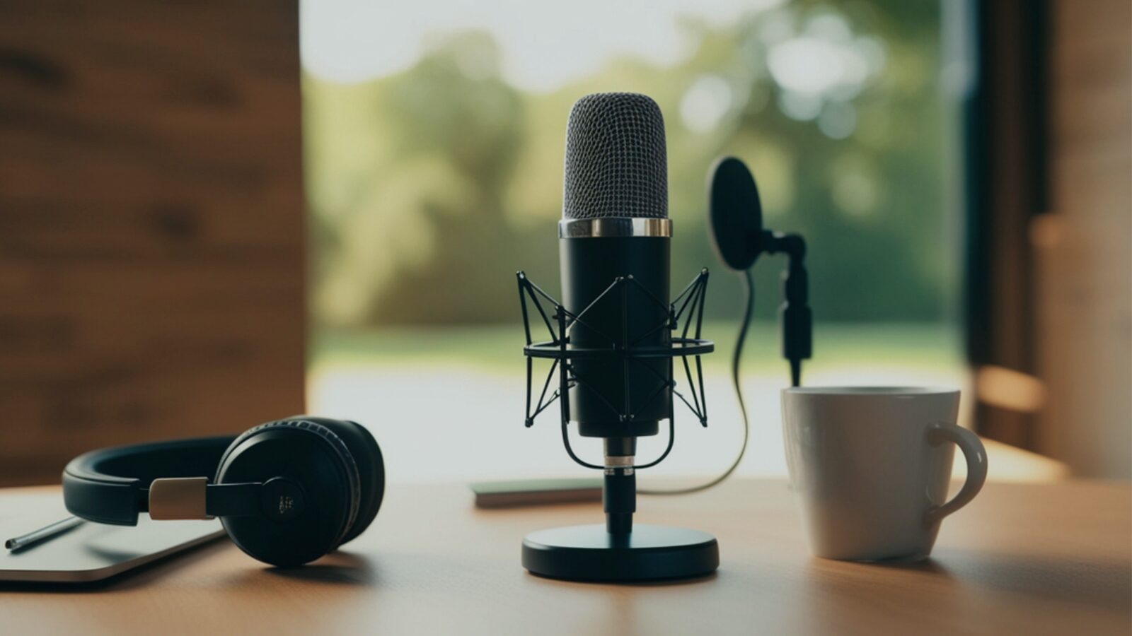 Image of a podcast mic, coffee, and headphones